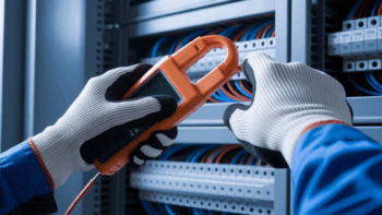 Electrician using a clamp meter on an industrial panel.