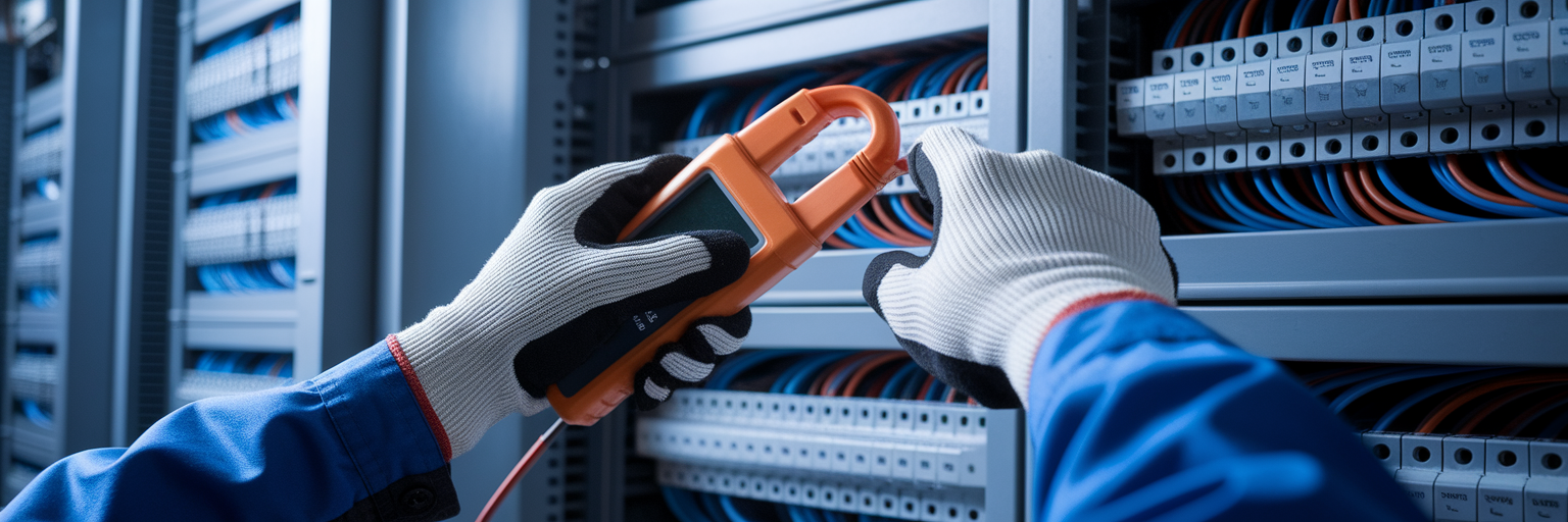Electrician using a clamp meter on an industrial panel.