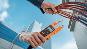 Technician using clamp meter in UAE.