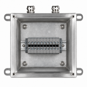 KASTN stainless steel junction box interior with 10 way DIN rail terminals